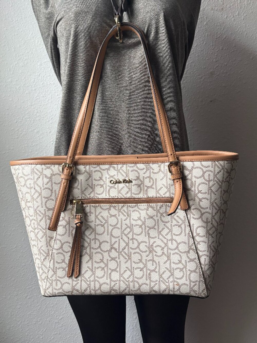 Calvin Klein CK Monogram Tote Bag Cream Tan Faux Leather Trim Shoulder Purse